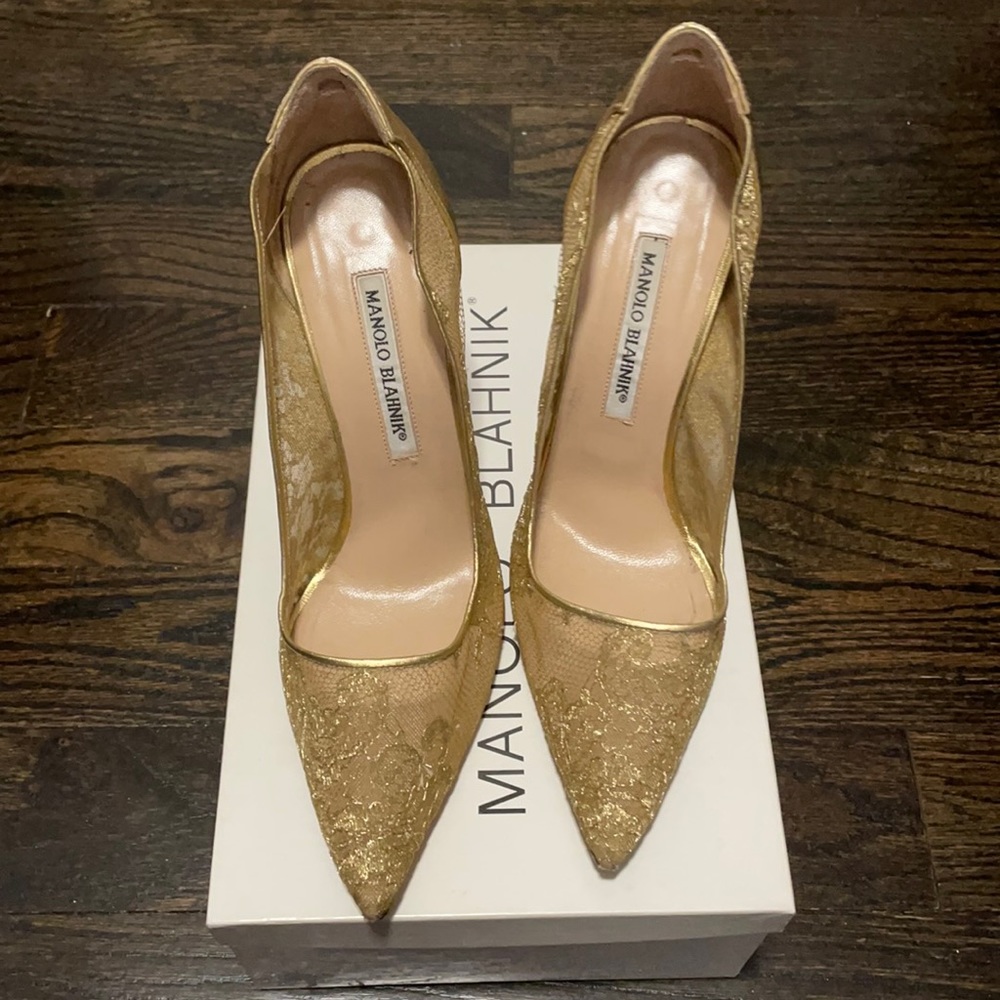 Manolo Blahnik Lace Gold Heels